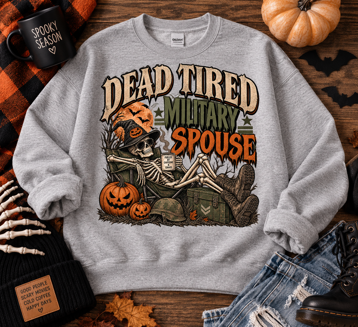 Dead Tired Military Spouse Halloween Crewneck Sweatshirt