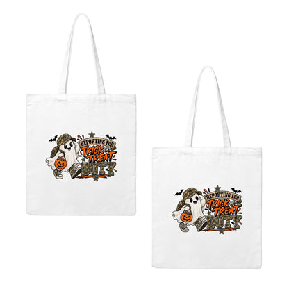 Reporting for Trick-or-Treat Duty Little Boy's Halloween Canvas Tote