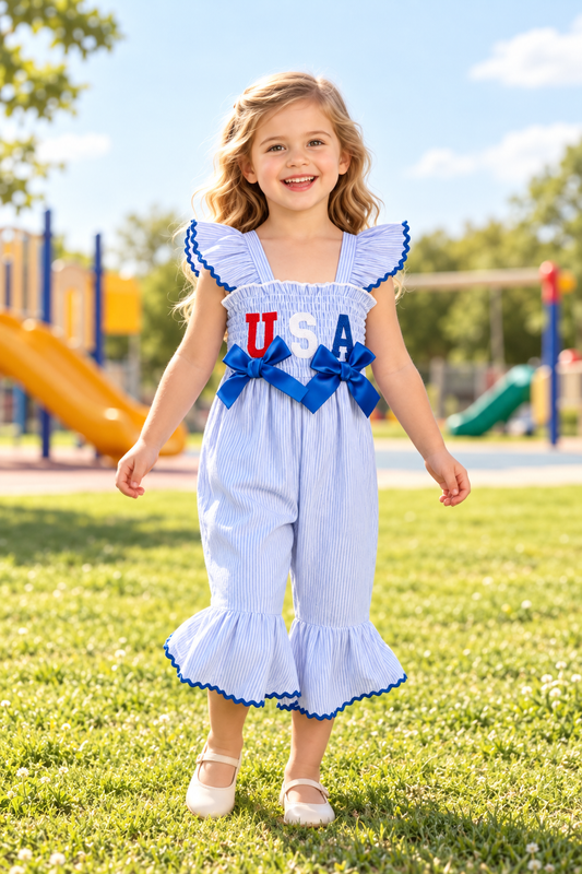 Little American Ruffle & Bow Smocked Jumpsuit
