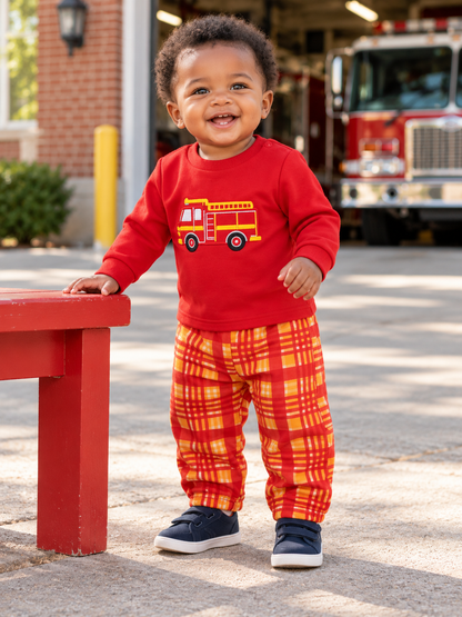 Little Fire Chief Embroidered Top & Pants Set