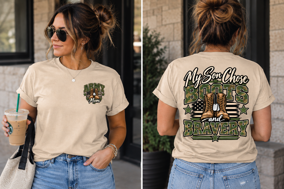 My Son Chose Boots & Bravery – Army Mom T-Shirt