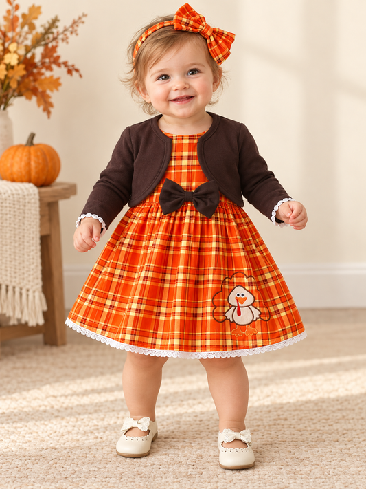 Little Turkey Plaid Bow Dress 3-Piece Set
