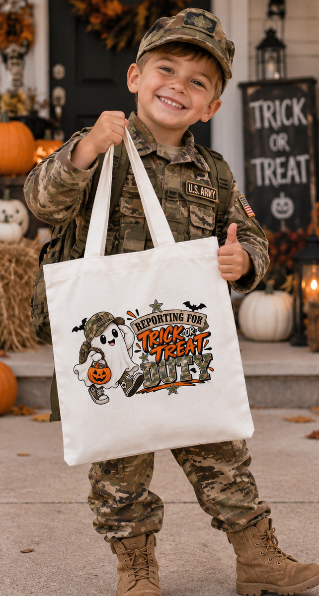 Reporting for Trick-or-Treat Duty Little Boy's Halloween Canvas Tote