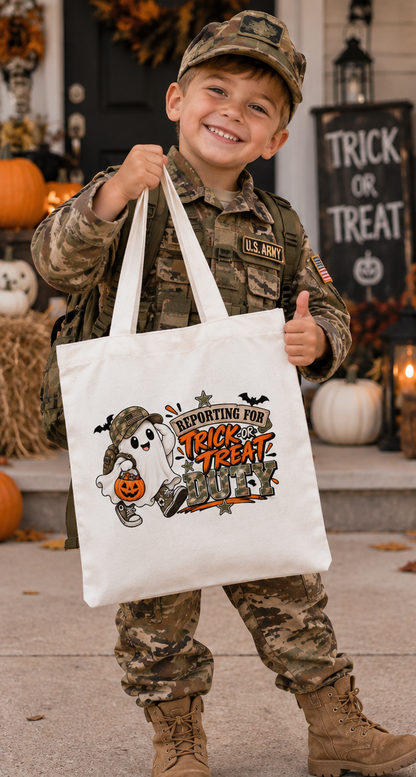 Reporting for Trick-or-Treat Duty Little Boy's Halloween Canvas Tote