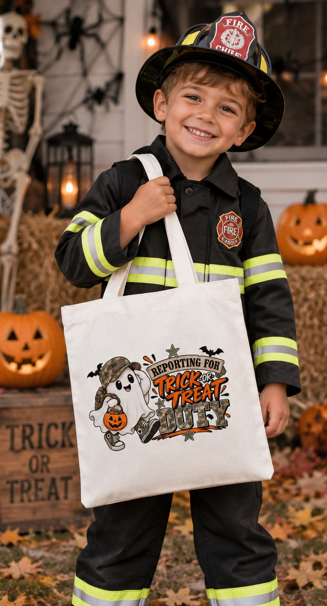 Reporting for Trick-or-Treat Duty Little Boy's Halloween Canvas Tote
