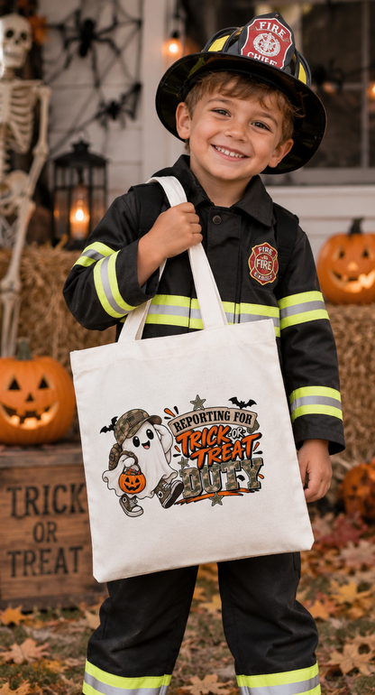 Reporting for Trick-or-Treat Duty Little Boy's Halloween Canvas Tote