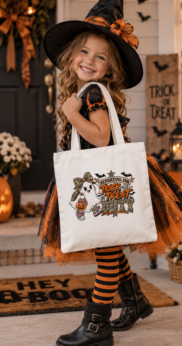 Reporting for Trick-or-Treat Duty Little Ladies' Canvas Tote Bag